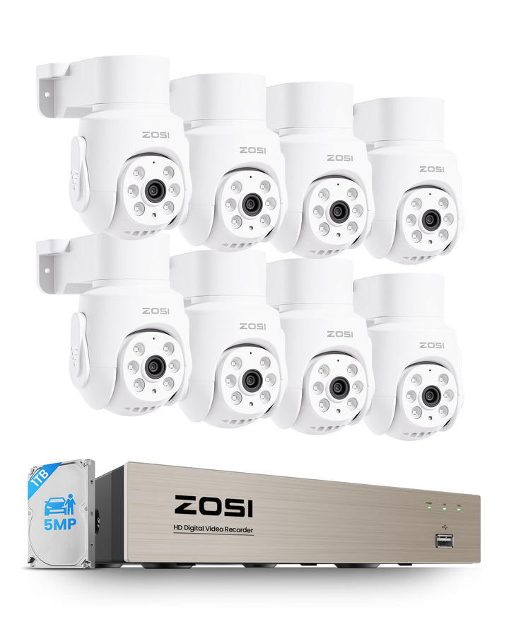 ZOSI 5MP Kabelgebunden Überwachungskamera Set mit Audio, 8CH 1TB DVR und 8X PTZ Domekameras Aussen,