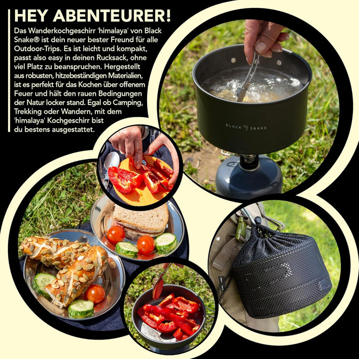 Black Snake® Camping Geschirr 'Himalaya' Kochgeschirr Kombination mit Edelstahl Becher Set, Tellern