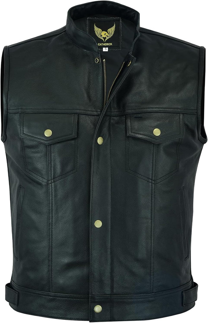 Leatherick Herren Biker Weste aus echtem Leder mit offenen Knöpfen für Reiten und modische Weste (M