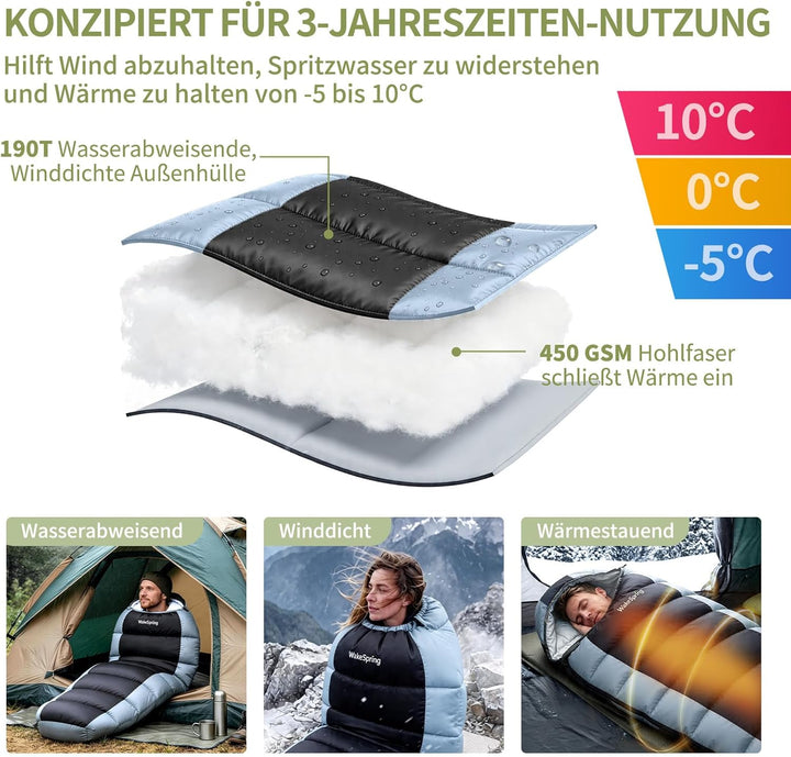 Schlafsack Erwachsene 450GSM, 3-Jahreszeiten Mumienschlafsack Outdoor, wasserabweisender Camping Sch