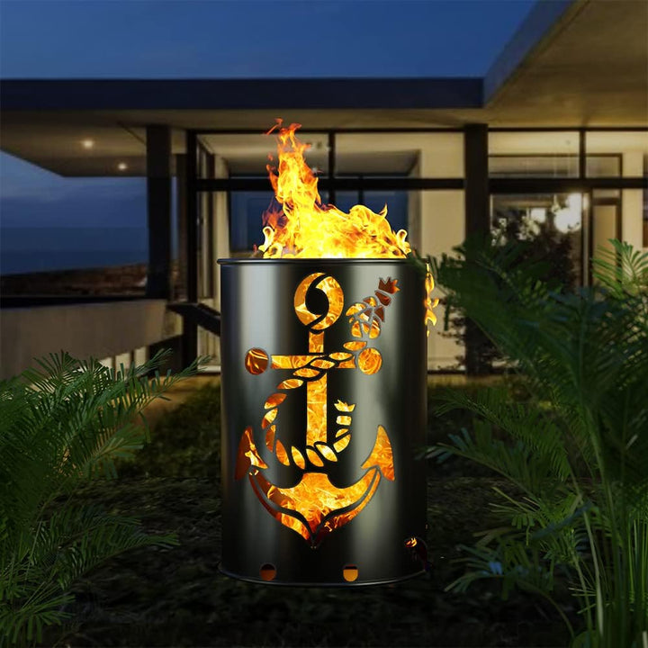 Feuertonne mit Anker 1 Motiv - Gefertigt aus neuem Ölfass - Besondere Feuerstelle für Garten und Ter