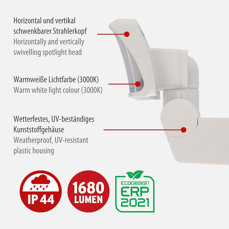 Brennenstuhl LED Strahler WS 2050 W/LED Aussenstrahler 20W (1680lm, IP44, 3000K, warmweisse Lichtfar