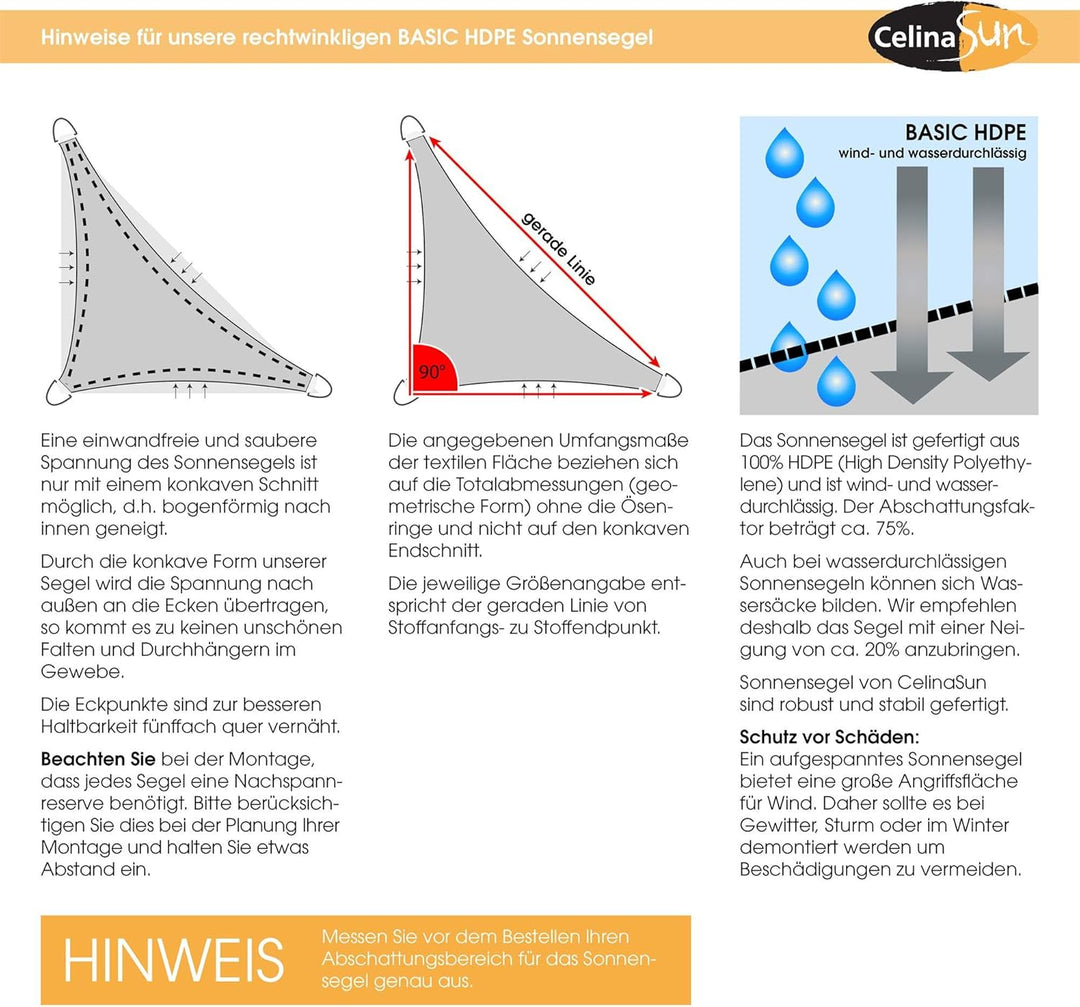 CelinaSun Sonnensegel inkl Befestigungsseile HDPE Basic Dreieck rechtwinklig 3,6 x 3,6 x 5,1 m hellg