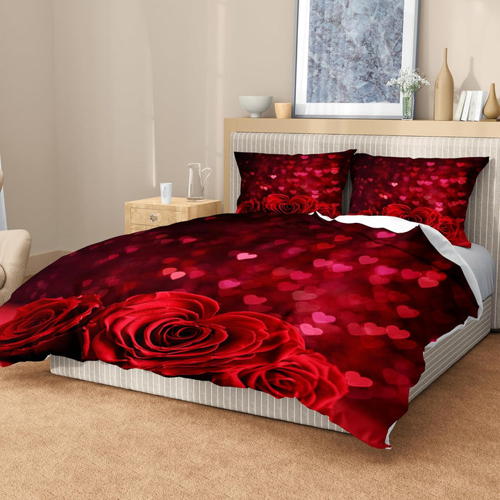 Bettwäsche 3D Rot Rose Bettbezug Set mit Reissverschluss und 2 Kissenbezug, Mikrofaser Kreative Rose