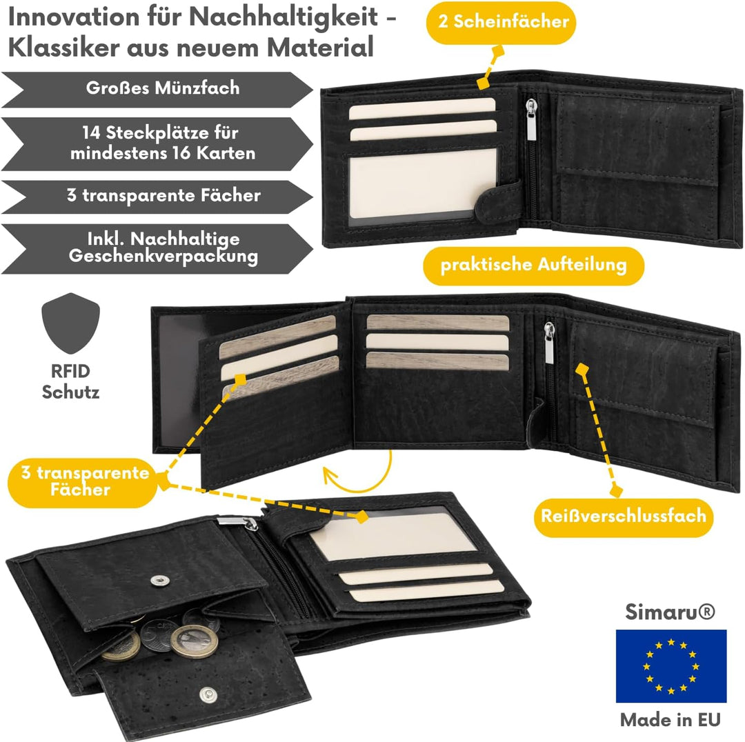 Simaru Kork Geldbörse mit RFID-Schutz, Unisex Geldbeutel für 11+Karten, Scheine & Münzen, Mini Walle