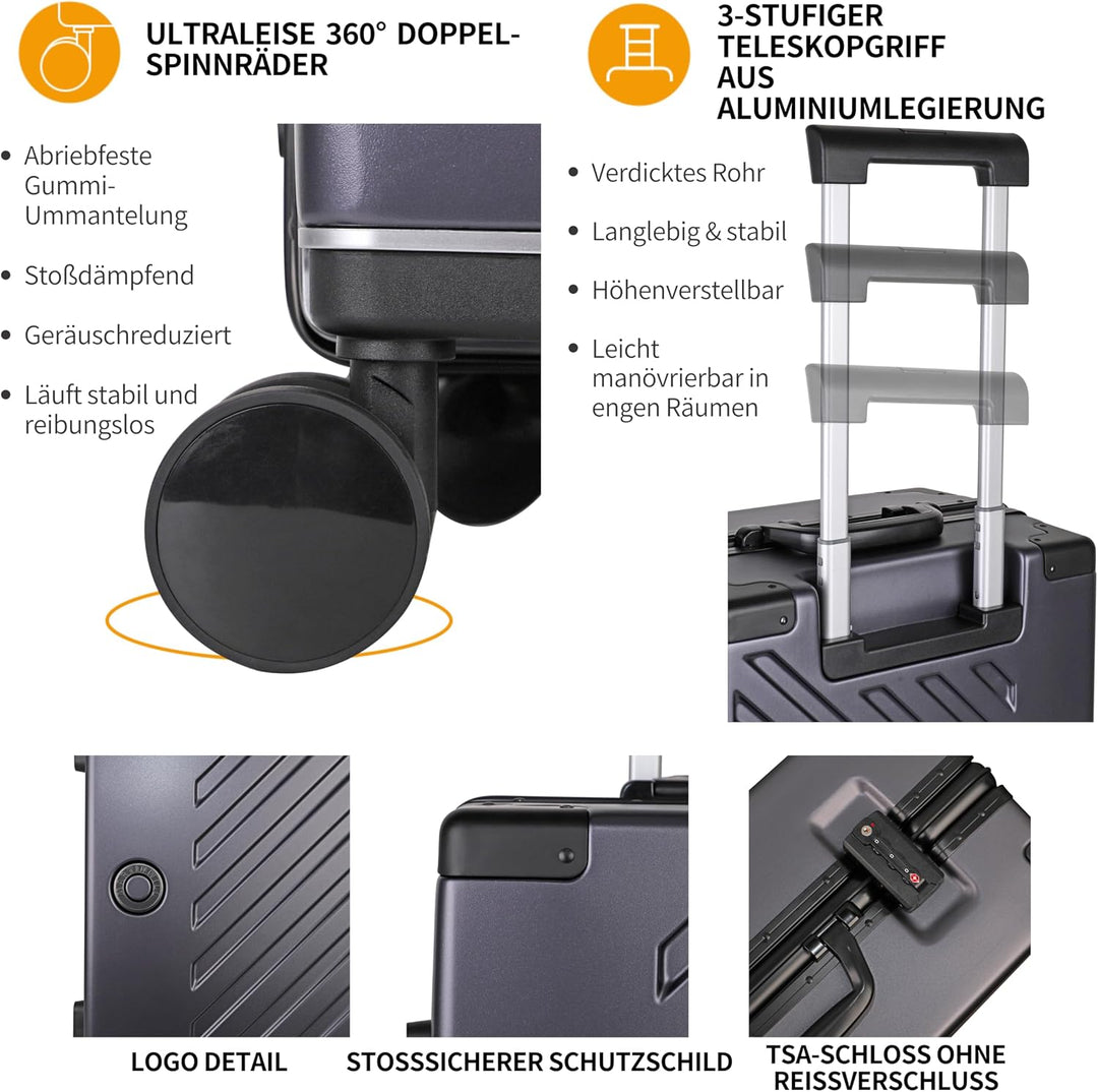 JLY Koffer gross 28 Zoll aus Polycarbonat, 4 Doppelrollen, Anthrazit | Ohne Reissverschluss, 2 TSA-S