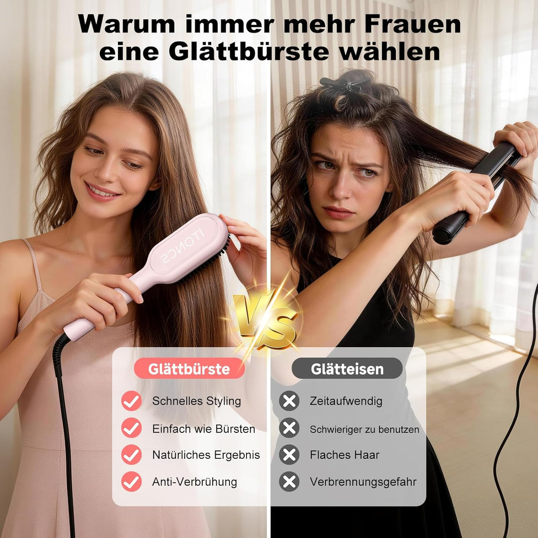 Glättbürste Ionen Haarglätter Bürste, iToncs Haarglättungsbürste 2 in 1, Anti-Verbrühungs & Speicher