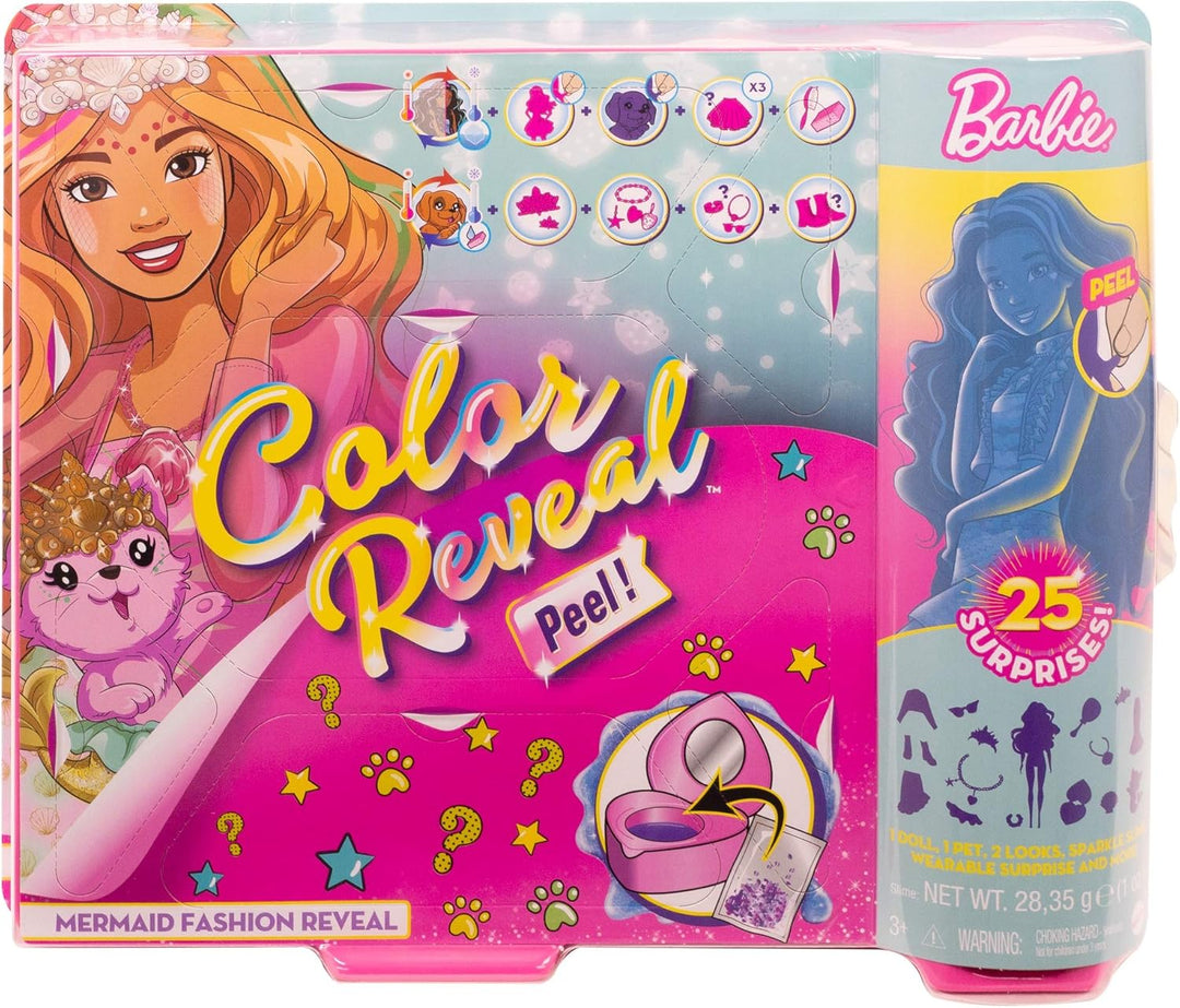 Barbie GXV93 - Color Reveal Fantasy Fashion Meerjungfrau Puppe &amp; Haustier, mit Aufkleber und 25 Über