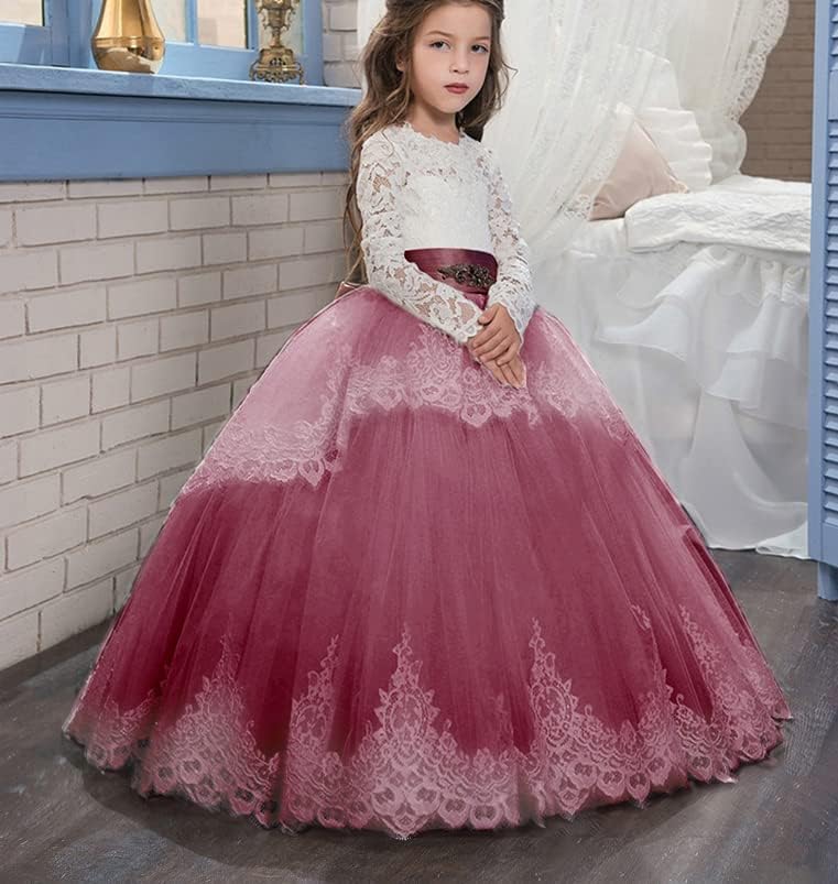 PLWEDDING Spitze Lange Ärmel Blumenmädchen Kleid Prinzessin Tüll Kleid für Kinder Erstkommunion Klei