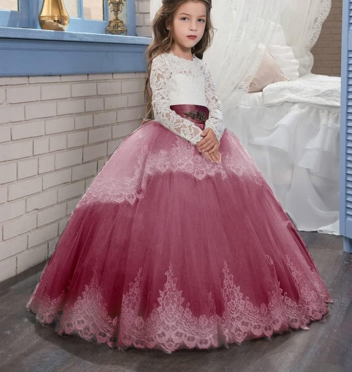 PLWEDDING Spitze Lange Ärmel Blumenmädchen Kleid Prinzessin Tüll Kleid für Kinder Erstkommunion Klei