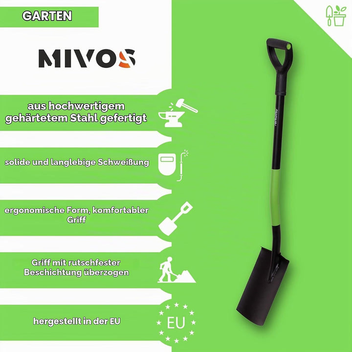 Mivos Runder Gärtnerspaten aus Gehärtetem Stahl - 110 cm - Gartenspaten mit Breite Trittkante - Grab