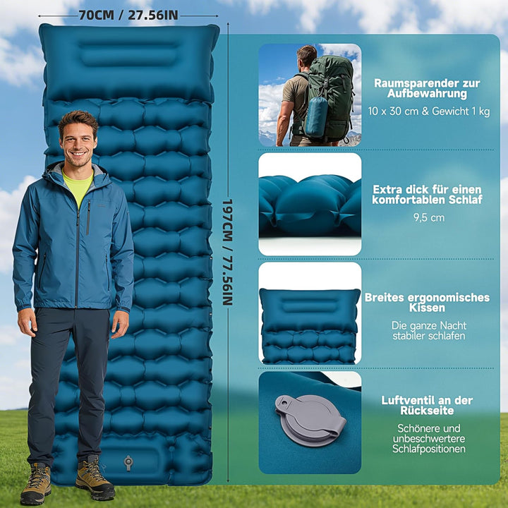 Isomatte Camping Luftmatratze 9,5cm verdickt, 200x69cm Ultraleicht Luftzellenmatte Aufblasbare Matra