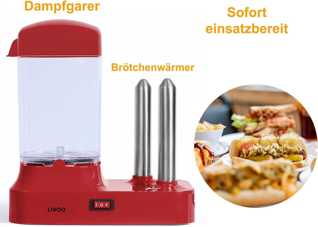 Hot Dog Maker für 6 Würstchen - Hot-Dog Maschine mit abnehmbaren Wärmebehälter - Würstchenwärmer mit