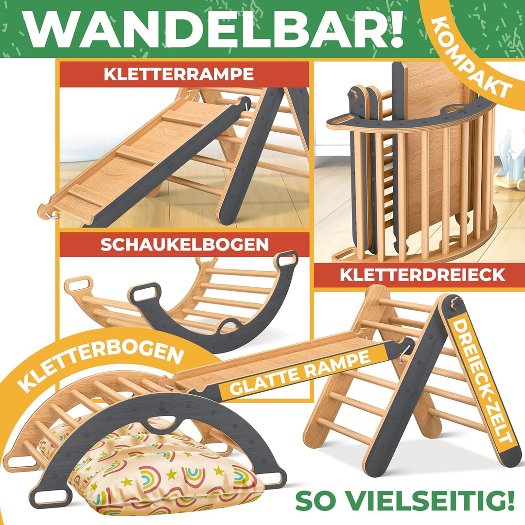 Kidiz® Klettergerüst Montessori 7in1 Spiel-Set mit Kletterbogen Rutsche Kletterdreieck aus Holz inkl
