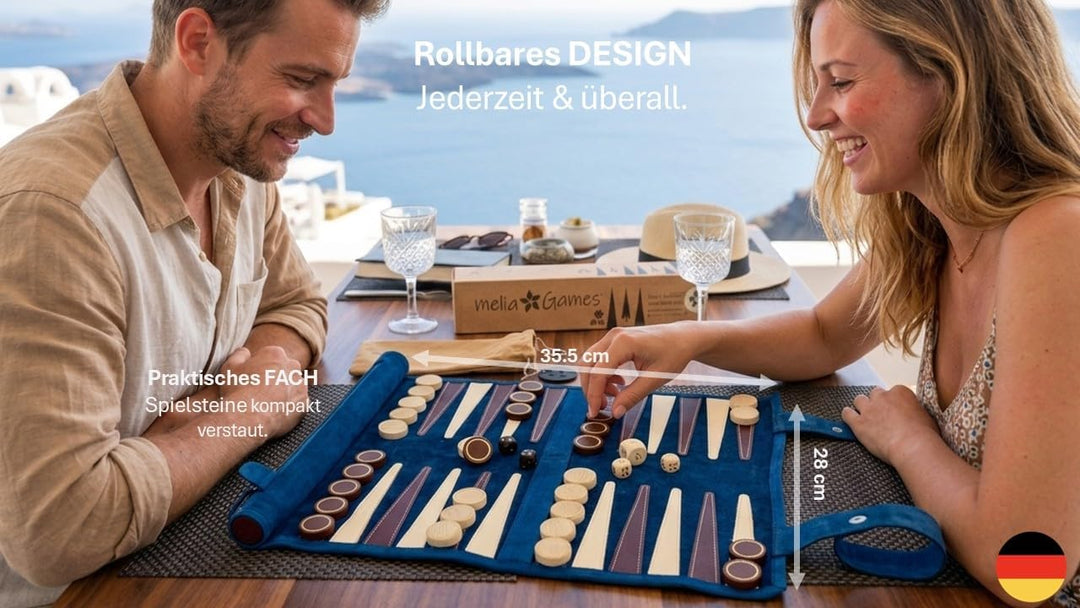 Melia Games Backgammon zum Rollen - Reise-Backgammon aus feinstem Nubuk Echt-Leder mit handgefertigt