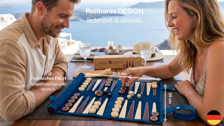 Melia Games Backgammon zum Rollen - Reise-Backgammon aus feinstem Nubuk Echt-Leder mit handgefertigt