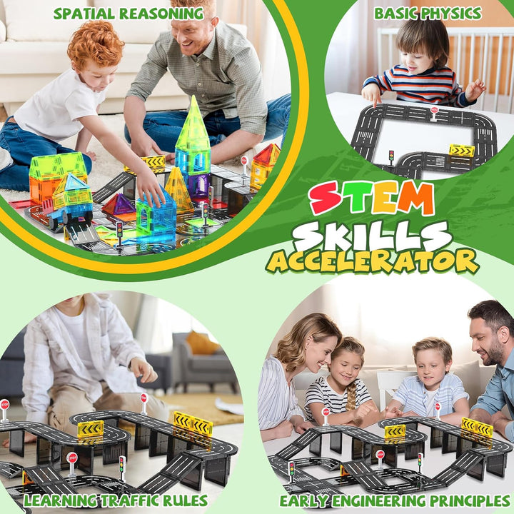 W WISE BLOCK Magnetische Bausteine, Strasse Magnetische Bauklötze, STEM Konstruktionsspielzeug für 3