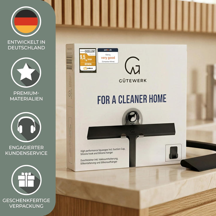 GÜTEWERK Duschabzieher Set mit Halterung - schwarz 28 cm breit - ohne Bohren Silikon Abzieher Dusche