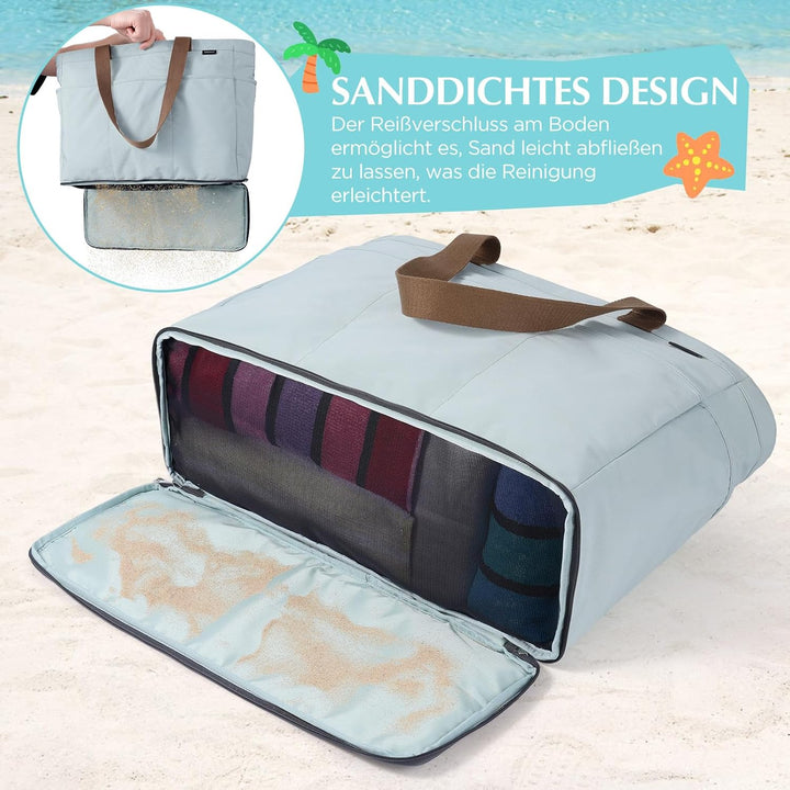 GAGAKU Strandtasche XXL mit Kühlfach, Wasserfest Beach Bag mit Reissverschluss – Faltbar Gross Badet