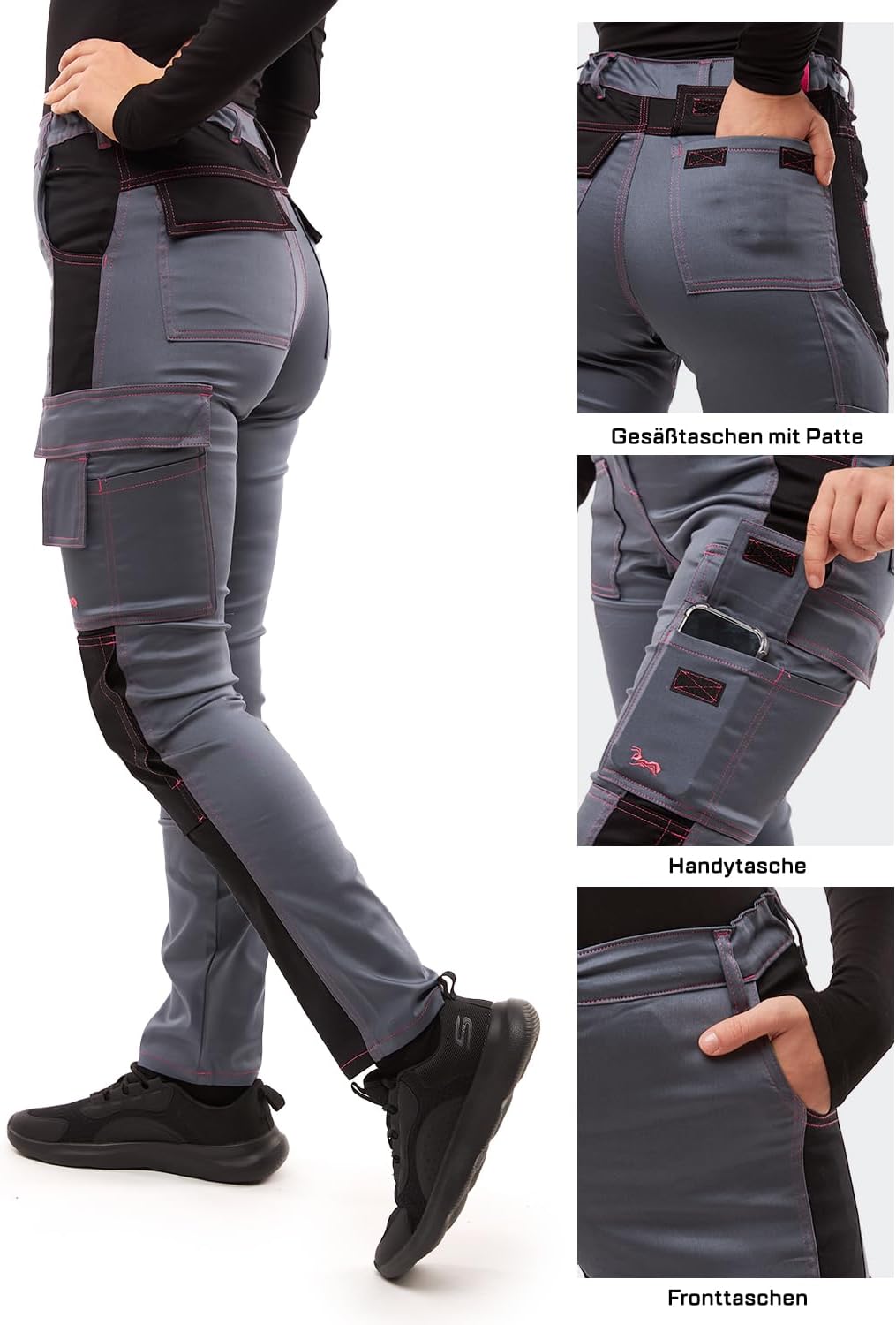strongAnt Damen Arbeitshose komplett Stretch für Frauen Bundhose mit Kniepolstertaschen Schwarz Grau