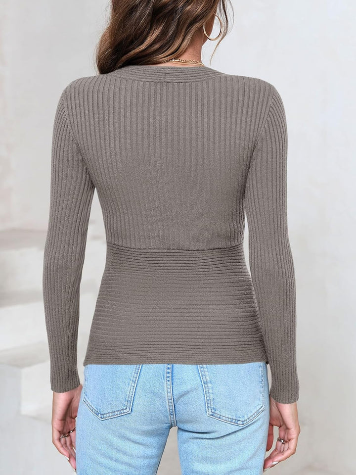 Wenrine Damen Pullover Tiefer V-Ausschnitt Wickel Strickpullover Sexy Herbst Pulli Slim Fit Winter O