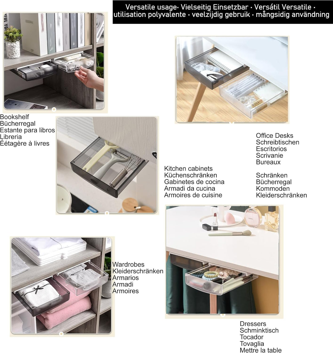 TUKA 4X 3,5L Unterschreibtisch-Schubladen 24x21x8cm, Selbstklebende Schubladen, Versteckte Unterbaus