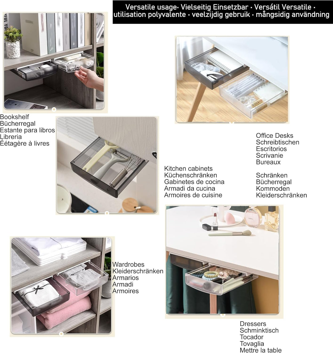 TUKA 4X 3,5L Unterschreibtisch-Schubladen 24x21x8cm, Selbstklebende Schubladen, Versteckte Unterbaus