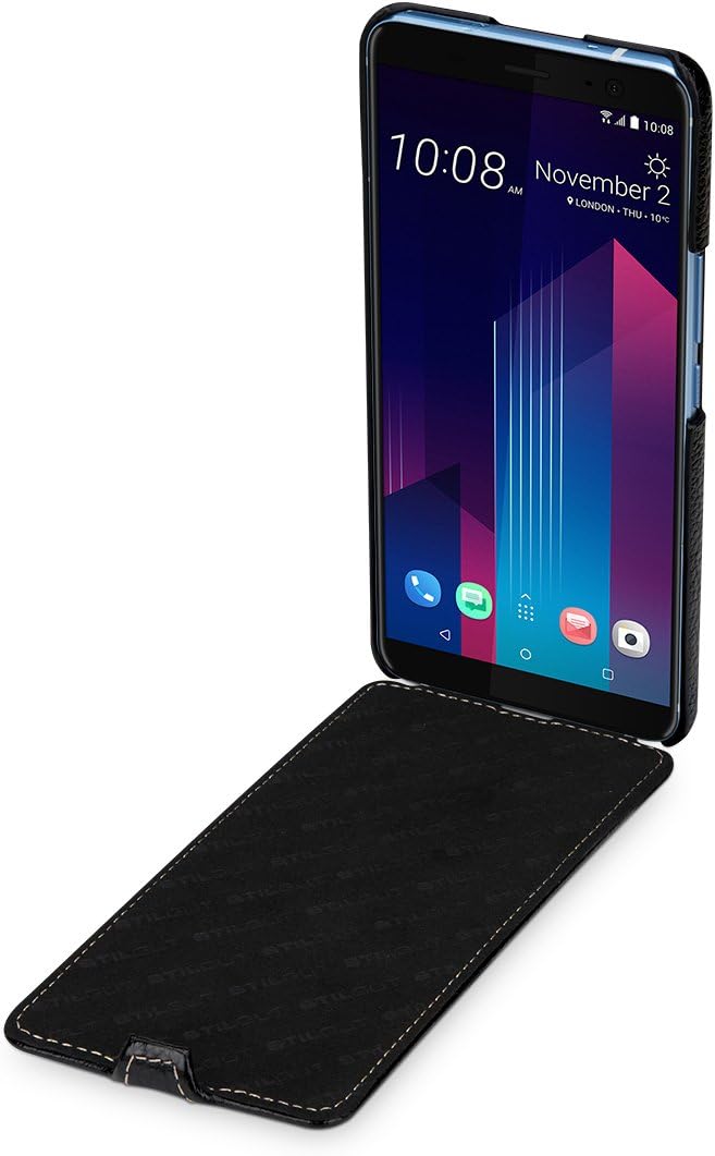 STILGUT UltraSlim Case Hülle Leder-Tasche für HTC U11+ (U11 Plus). Dünnes Flip-Case vertikal klappba