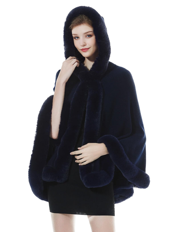 BEAUTELICATE Damen Kunstpelz Strick Poncho Cape mit Kapuze Warm Umhang Cardigan Stola Brautjacke für