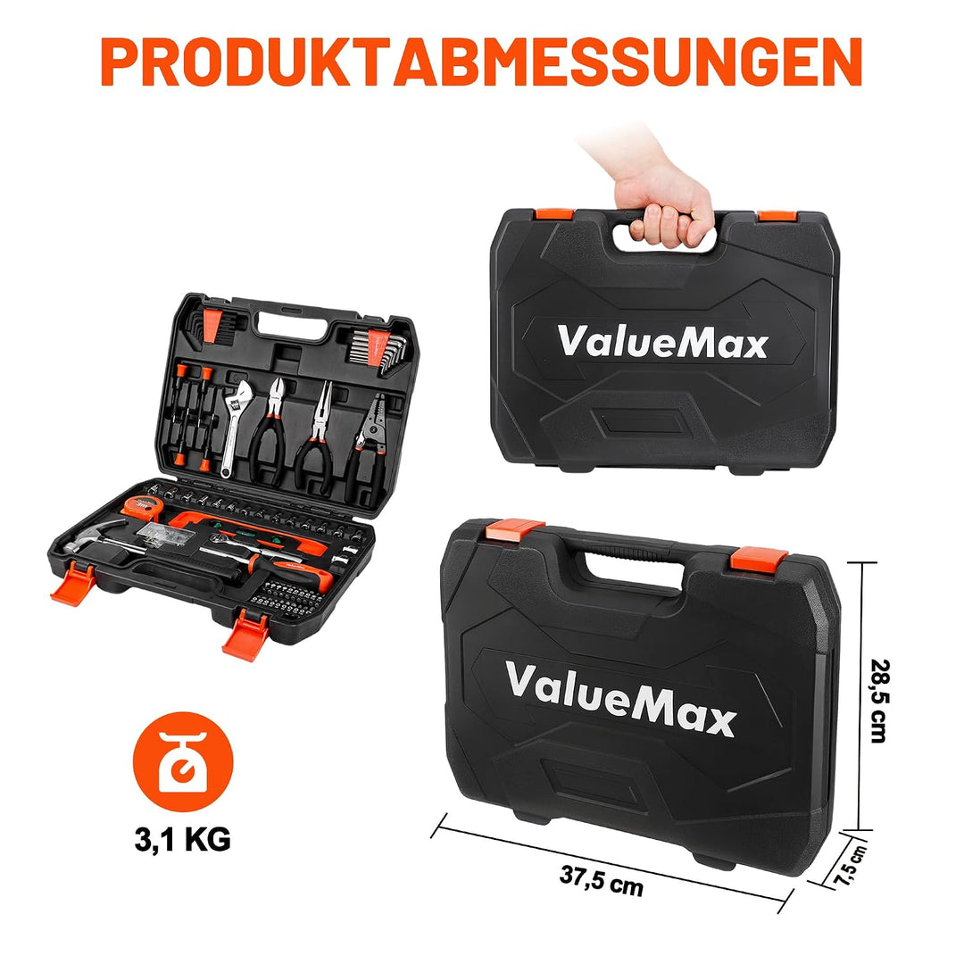 ValueMax werkzeugkoffer gefüllt 150tlg., Werkzeug Set mit Werkzeugkoffer für Haushalt Reparatur, Hei