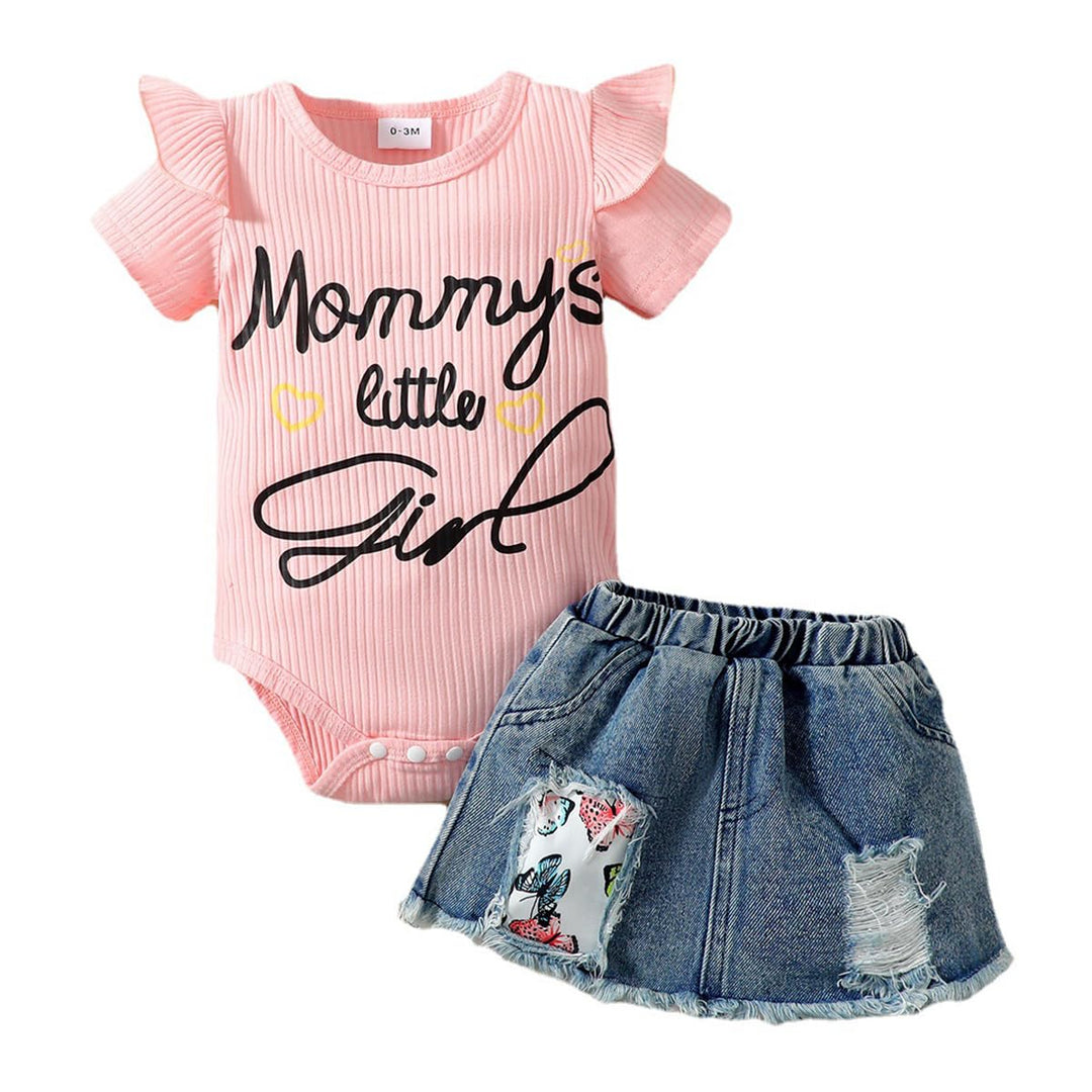 Vestiti Set per Neonata Manica Corta/Lunga Stampa a Lettere Tutina a Coste +Gonna in Denim Abbigliam