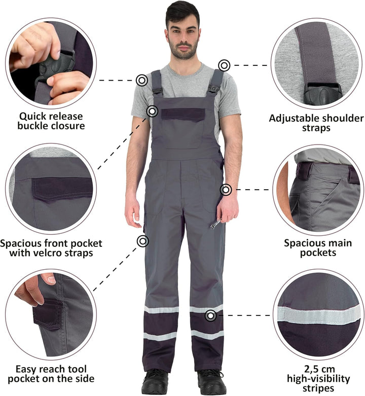 BWOLF Char Latzhose Herren Arbeitshose Schutz-Latzhose Herren mit Reflektierenden Elementen - Blau/G