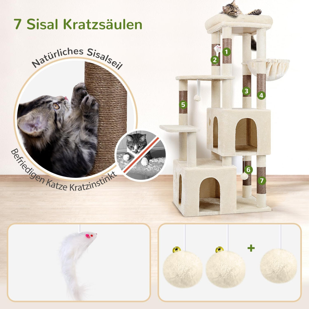 Globlazer Kratzbaum Beige für 3-5 Grosse Katzen 156 cm mit 2 Extragross Katzenhaus 45*40*35CM, Gross
