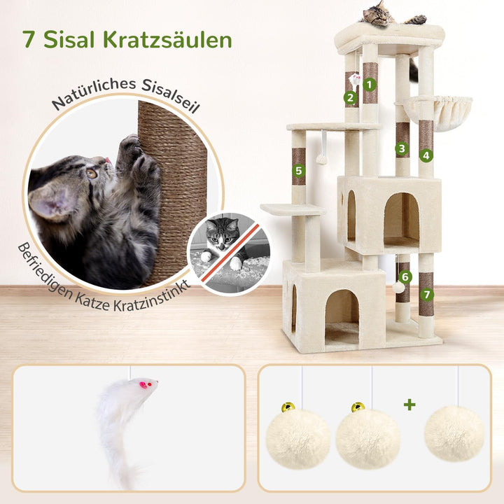 Globlazer Kratzbaum Beige für 3-5 Grosse Katzen 156 cm mit 2 Extragross Katzenhaus 45*40*35CM, Gross