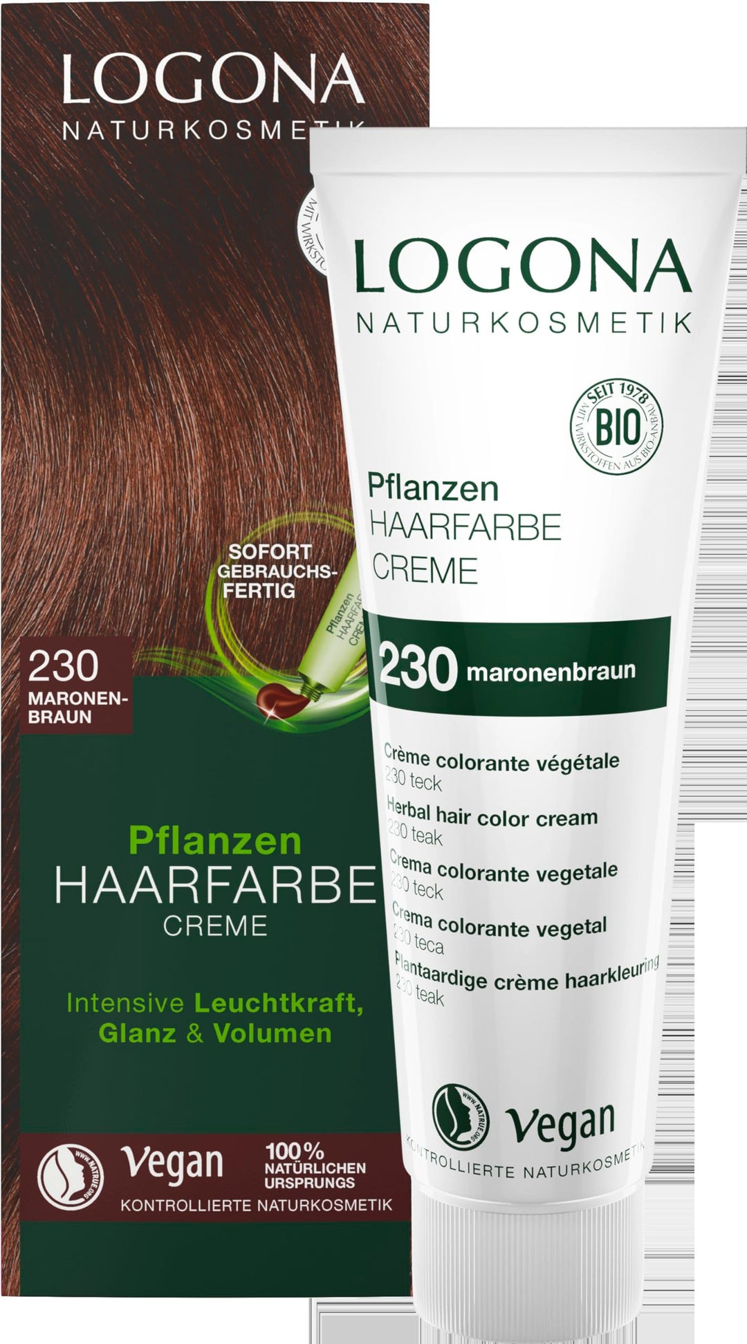 LOGONA Naturkosmetik Pflanzen-Haarfarbe Creme - Maronenbraun - 150 ml - intensive Leuchtkraft, Glanz