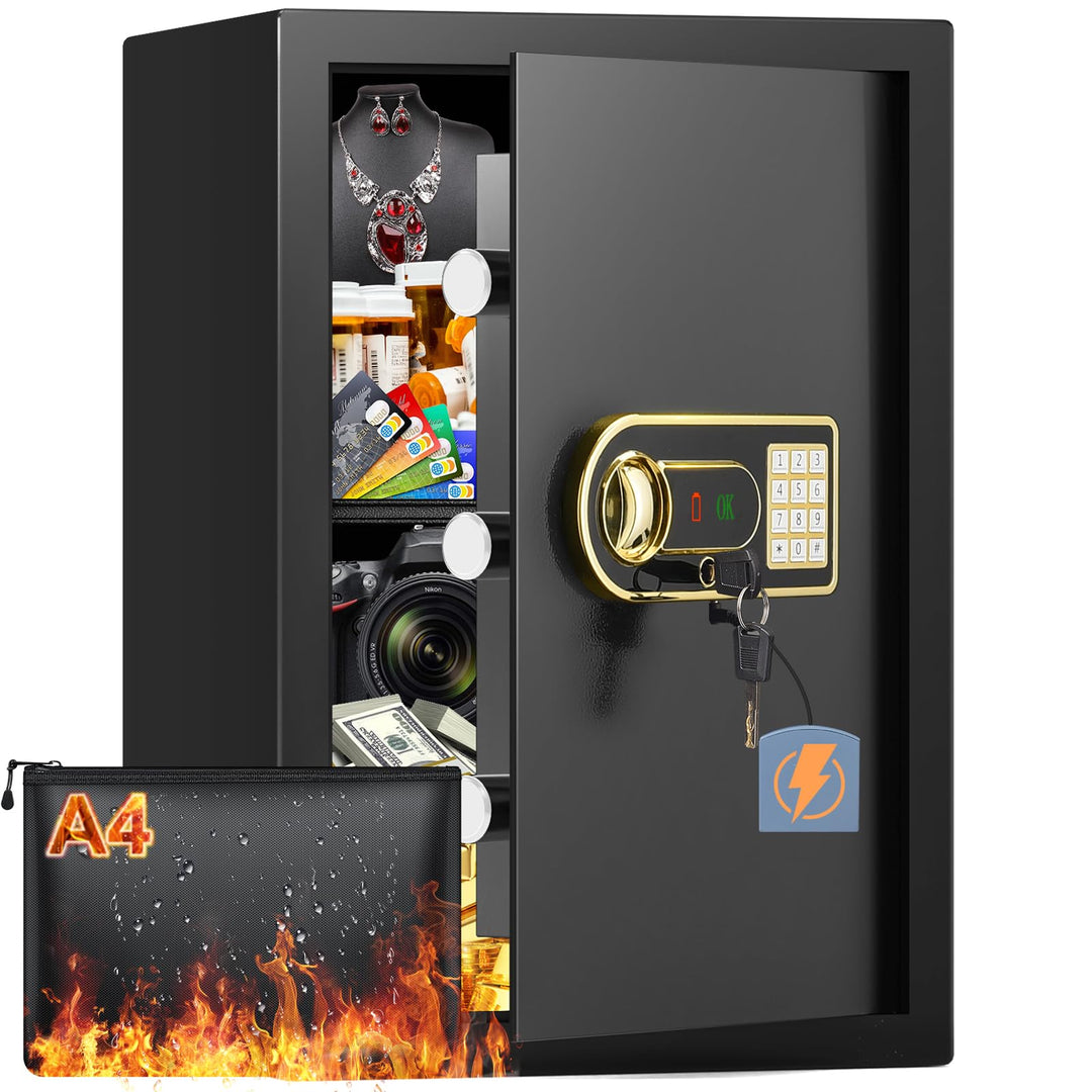 Safe Tresor Feuerfest mit A4 Feuerfester Tasche, 65L Möbeltresor Gross mit Abnehmbares Regal und Ext