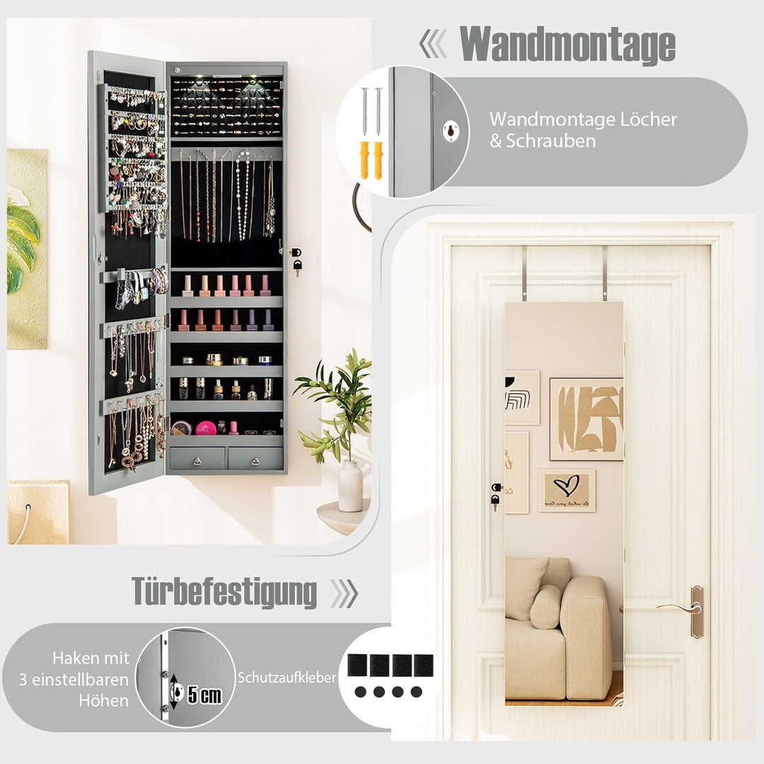 RELAX4LIFE Schmuckschrank Hängend, Spiegelschrank mit LED-Beleuchtung & Spiegel & Schloss, Schmuckor