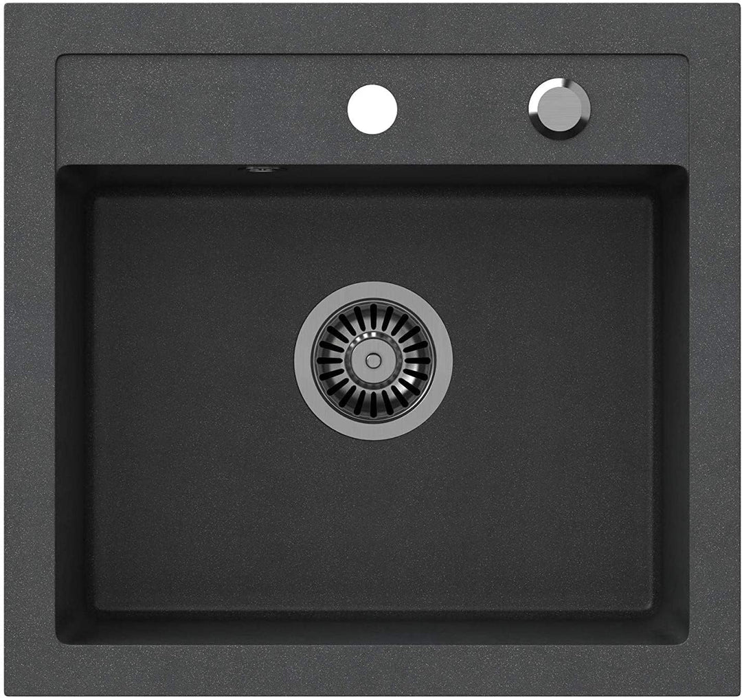 VBChome Spülbecken mit Armatur 50 x 47 cm Schwarz Granit Spüle Einzelbecken Küche Einbauspüle Verbun