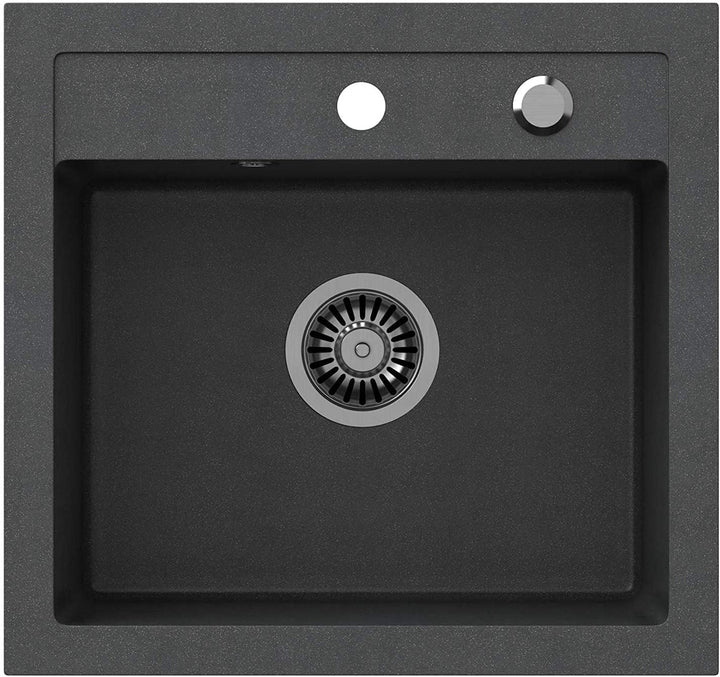 VBChome Spülbecken mit Armatur 50 x 47 cm Schwarz Granit Spüle Einzelbecken Küche Einbauspüle Verbun