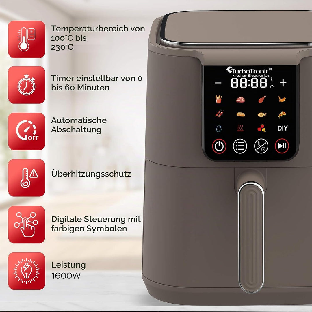TurboTronic Heissluftfritteuse XL 6Liter 0,6kg Pommes mit Silikoneinlage 12 Programme digital Touch-