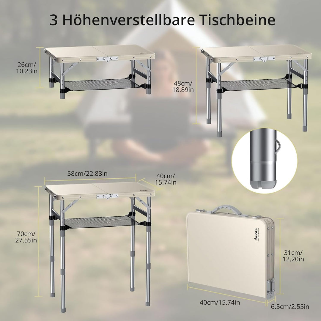 Anbte Campingtisch Klappbar 58x40cm Aluminium-Rahmen & Kunststoff-Tischplatte mit 3 Höhen Verstellba