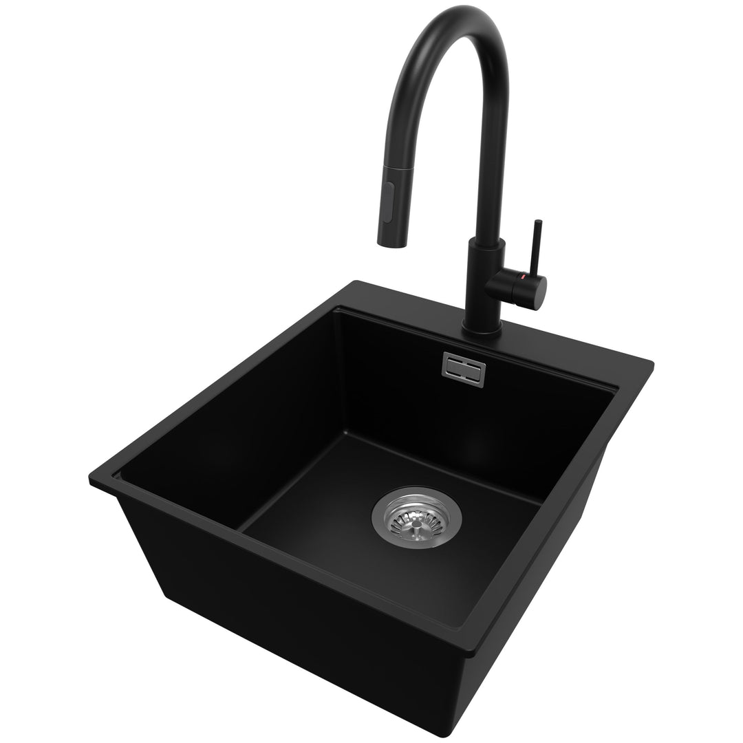 PRIMAGRAN Granitspüle Schwarz 43x50cm, Spülbecken 1 Becken + Küchenarmatur 40x20cm + Ablauf-Set, Küc