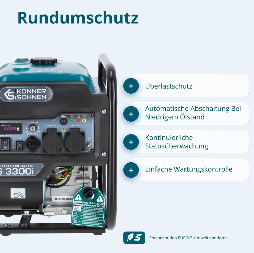 Könner & Söhnen KS 3300i. Benzin-Invertergenerator 3300W, stromerzeuger mit 2xSchuko 230V, notstromg