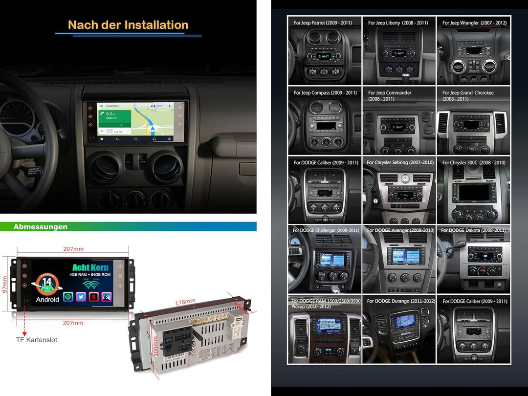 Erisin Android 12 8-Kern Autoradio Mit GPS Navi für Jeep Compass Patriot Chrysler 300C Dodge Avenger