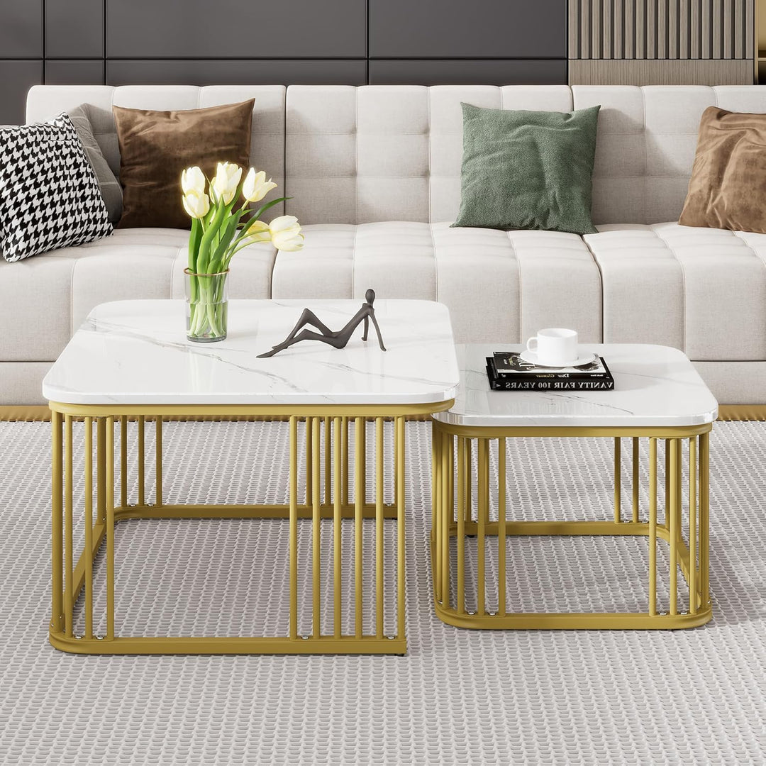 Merax Quadratisch Couchtisch 2er Set, Moderne Wohnzimmertisch mit Marmor Furnier, Hochglanz Satztisc
