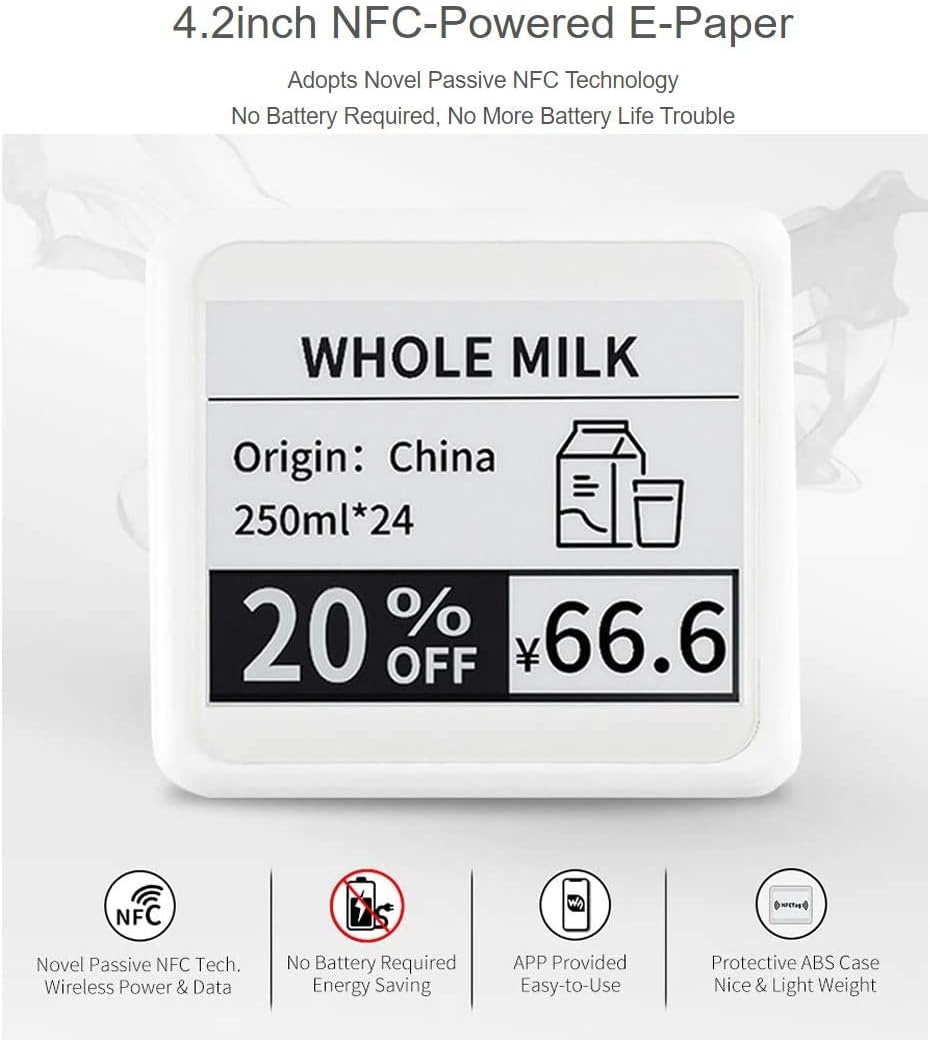 IBest 4.2inch Passive NFC-Powered e-Paper Black/White e-Ink Display, No Battery Required, Wireless P