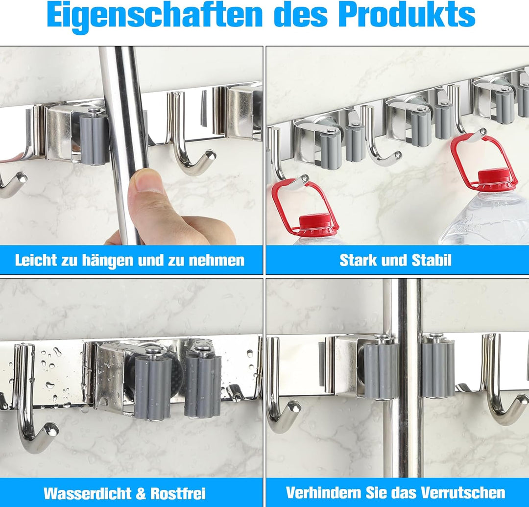 Besenhalterung Wand, Besenhalter Edelstahl, Gerätehalter Wandhalterung mit 5 Halter und 4 Haken, Bes