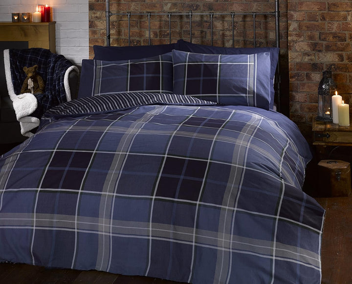 Rapport Argyle Bettbezug und 2 Kissenbezüge, wendbares Bettwäsche-Set, Karomuster, King Size, Blau K