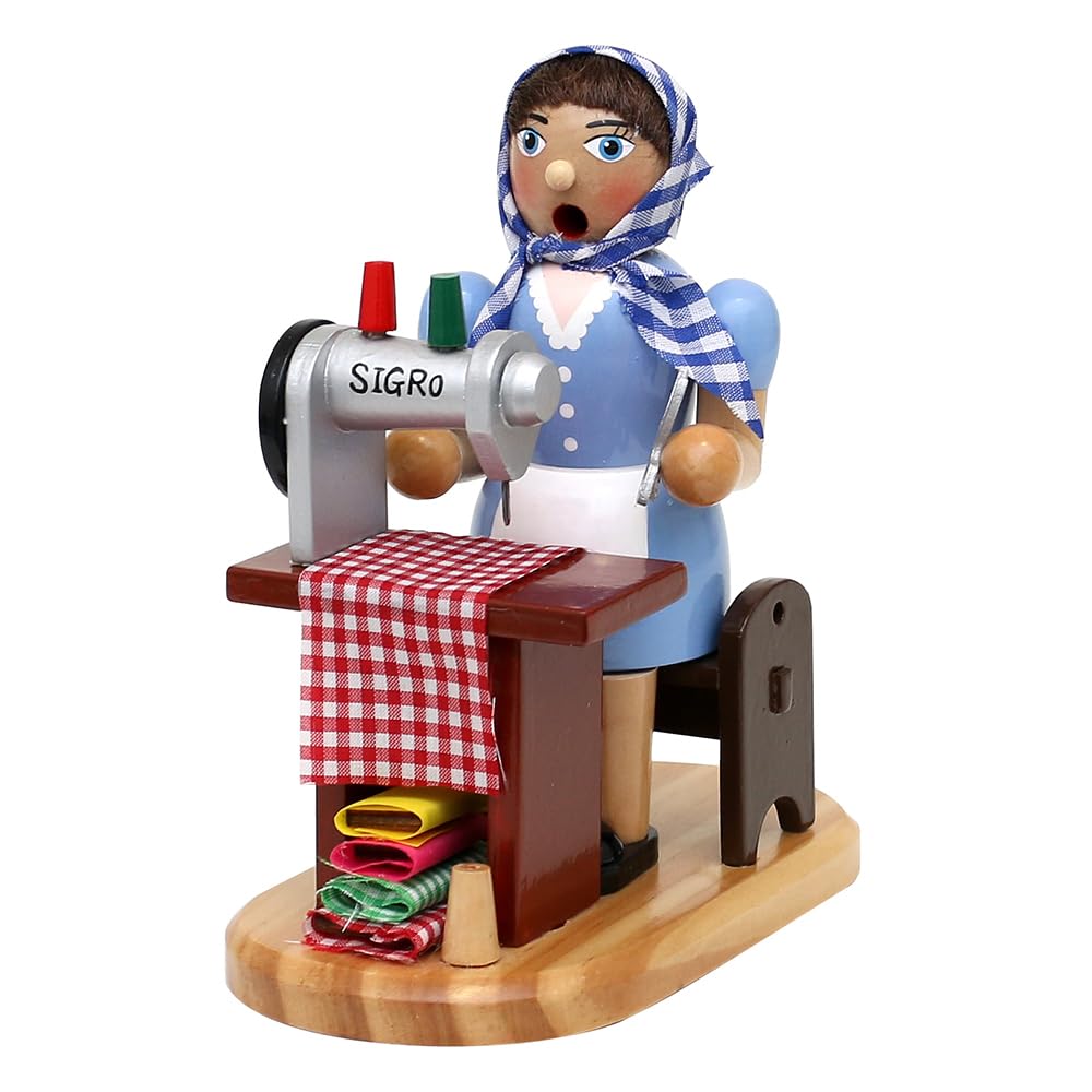 Dekohelden24 Holz Räucherfrau - Räucherfigur als Schneiderin - Näherin an Nähmaschine, L/B/H 15 x 10