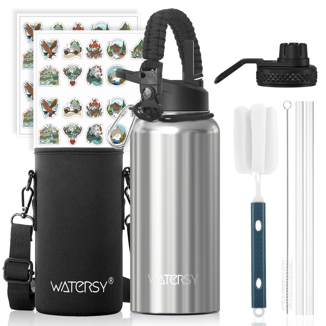 WATERSY Isolierte Edelstahl Trinkflasche 32oz Vakuumisolierte Thermosflasche mit 2 Deckel Auslaufsic